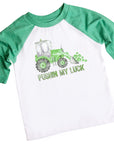 Pushin My Luck Watercolor Tractor Kids Retro St. Patrick's Day Raglan